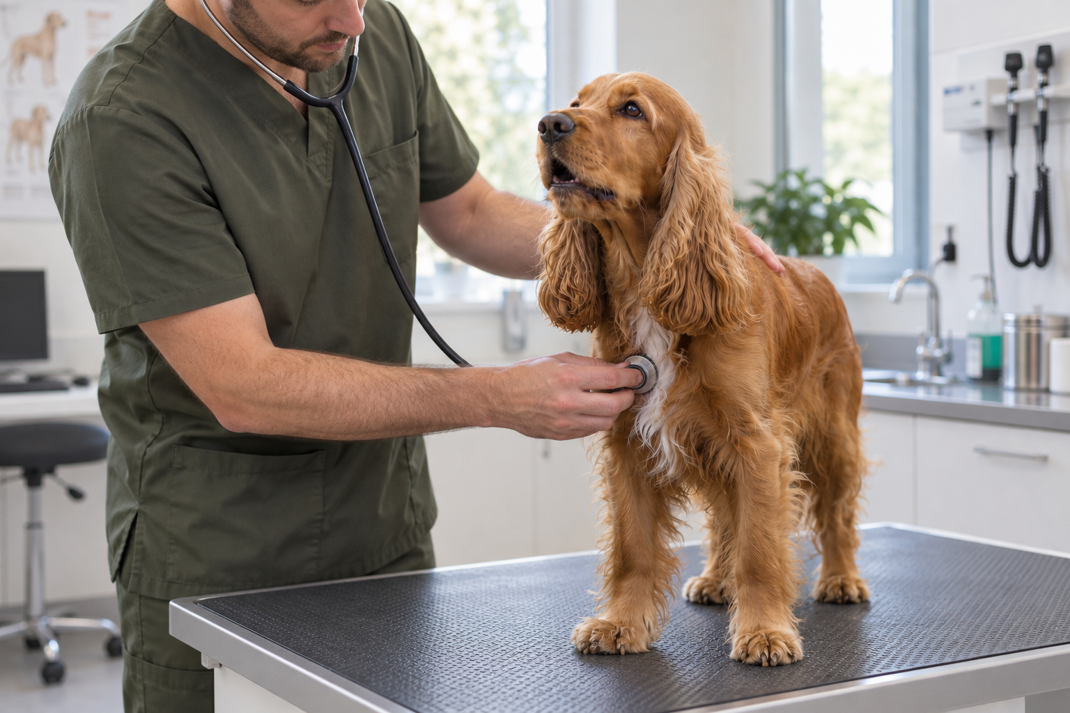 Veterinár počúva hrudník kokeršpaniela pomocou fonendoskopu